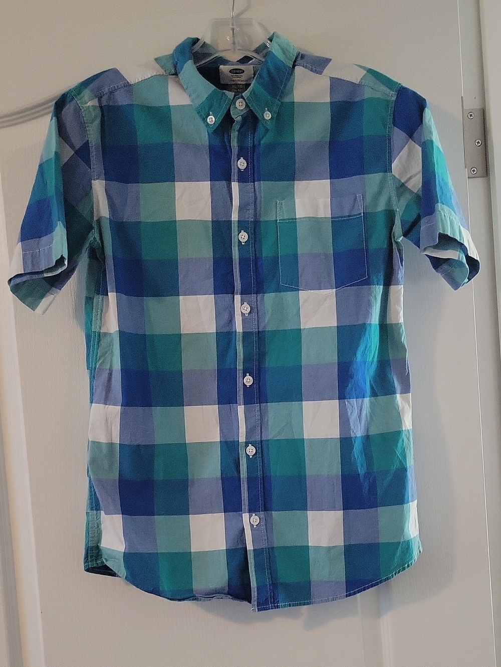 Old Navy Blue, Teal & White Plaid Short-Sleeve Button-Down Shirt